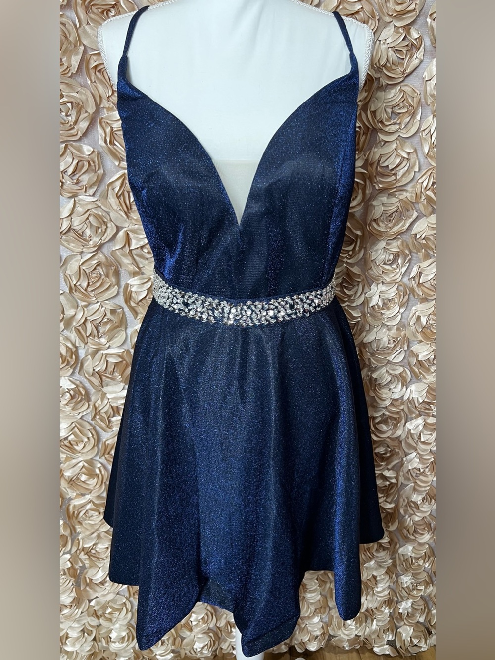 Navy Sparkle V-Neck Party Dress with Crystal Waist